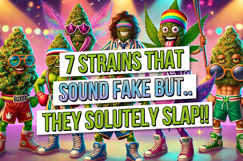 7 cannabis strains that sound fake but absolutely slap Colourful cartoon cannabis bud characters in streetwear with bold title text saying “7 strains that sound fake but absolutely slap