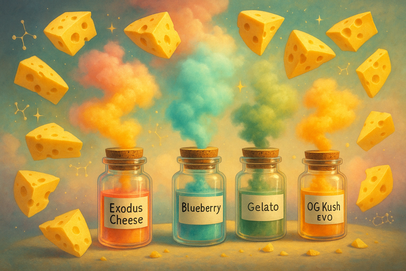 Surreal Cannabis and Cheese Pairing Art – Terpene Vibes & Flavor Fusion Surreal artwork of labeled cannabis jars with colorful terpene vapor surrounded by floating cheese slices, representing cannabis and cheese pairings. Features Exodus Cheese, Blueberry, Gelato, and OG Kush EVO strains.