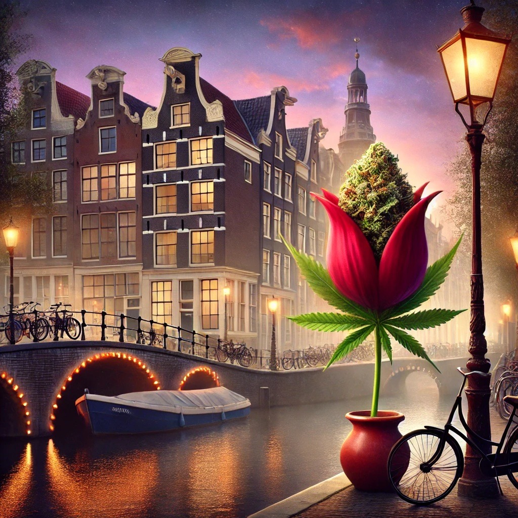 Illustration of Amsterdam canal houses at sunset with bold text overlay reading ‘Classic Dutch Cannabis Strains That Changed The World’ and a stylized cannabis plant in the foreground
