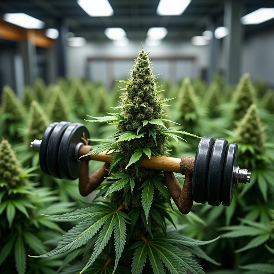 cannabis-plant-weightlifting-funny-gym-ad-autoflower-2025. A humorous cannabis-themed image showing a strong, anthropomorphic cannabis plant lifting a barbell with weights in a grow room. A spoof gym scene representing the strength of autoflower strains in 2025.