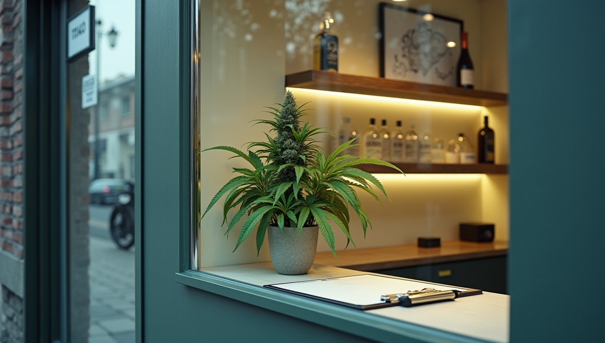 Regulated Access, Urban Calm A street-level view into a modern, minimalist cannabis dispensary. A healthy cannabis plant sits in a pot on a clean counter with a clipboard and pen beside it. Inside, warm lighting illuminates neatly arranged bottles on wooden shelves, suggesting order and regulation. The urban street outside is slightly blurred.