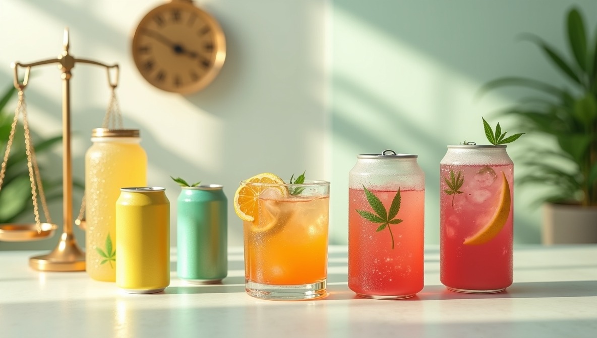 Fizz Meets the Fine Print A lineup of colorful, chilled THC-infused drinks in cans and glasses displayed on a sunlit countertop. A cannabis leaf is visible on some of the drinks. In the softly lit background, a golden scale of justice and a vintage wall clock hint at legal context and timing. Tropical plants add to the relaxed, summery atmosphere.