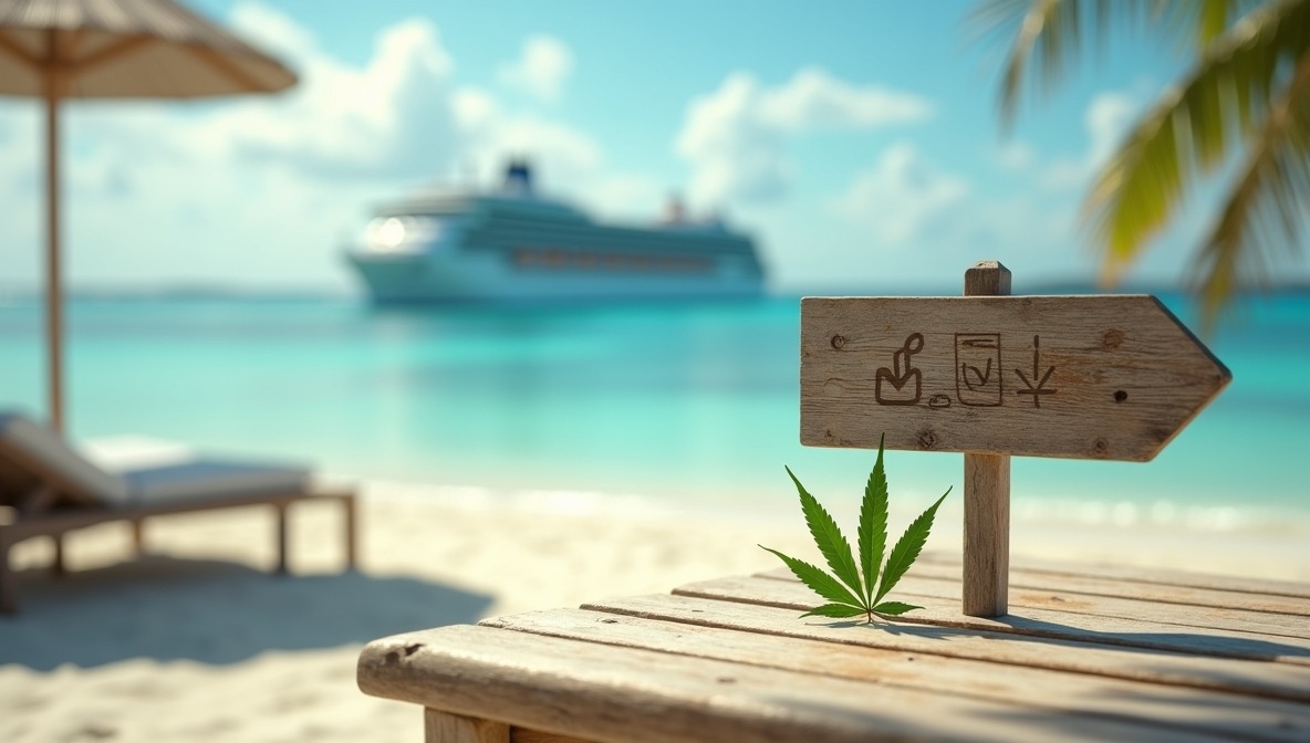 Local Choices, Global Message A serene beach scene in the Cayman Islands. A wooden sign with symbolic icons and a cannabis leaf sits on a table in the foreground. In the background, a large cruise ship fades into the distance, subtly referencing the nation’s decision to prioritize cannabis decriminalization over cruise port expansion. The scene is calm, tropical, and symbolic of self-governance.