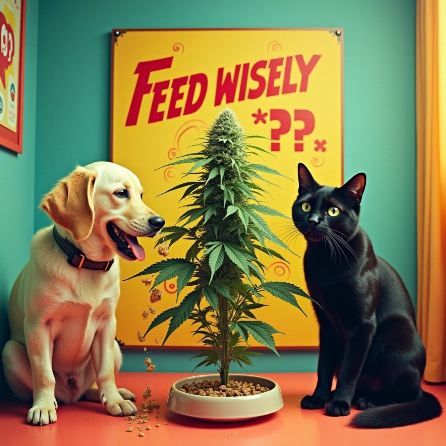 Feed Wisely: Your Buds Need Nutes, Not Kibble” Don't mix up the pet food with your plant feed! A playful reminder that good nutrition grows great buds—just maybe keep the pets out of the grow room.