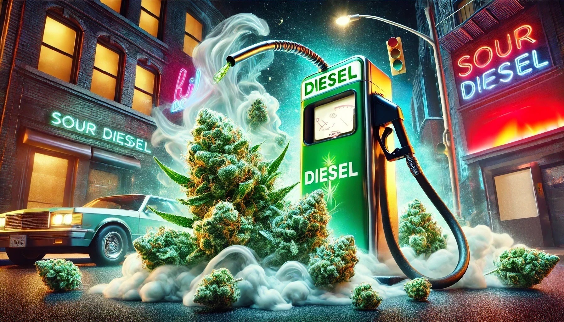 Sour Diesel cannabis art with a vintage gas pump, highlighting its fuel-like aroma and energetic effects in a neon-lit cityscape.
