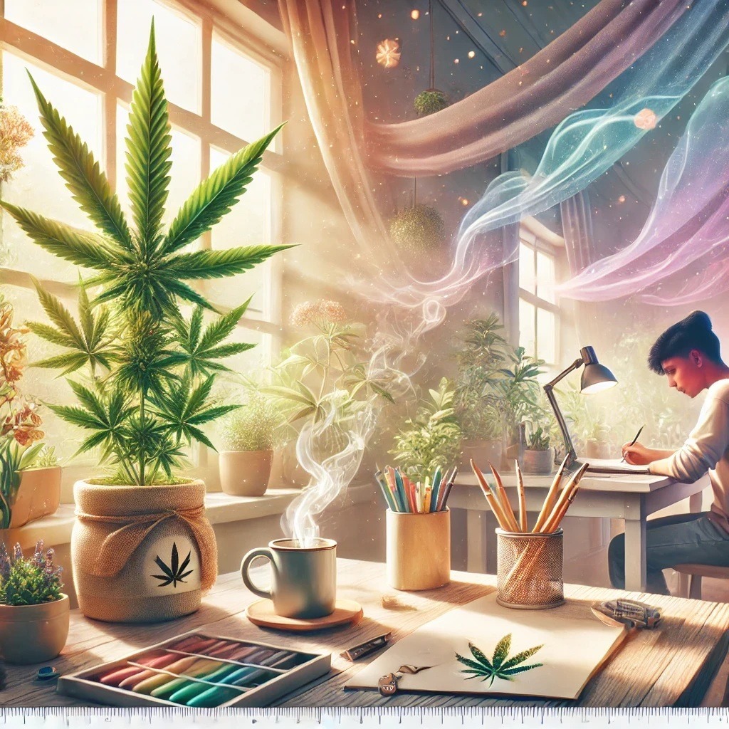 Top 6 Strains for Focus and Creativity Creative indoor workspace filled with cannabis plants, colorful art supplies, and a focused person sketching at a sunlit desk, symbolizing the connection between cannabis and artistic productivity.