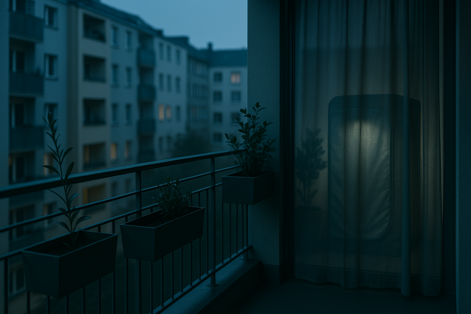 Discreet Berlin balcony at dusk with tidy planters and the soft glow of a small grow tent behind curtains, ideal for stealth autoflower grows.