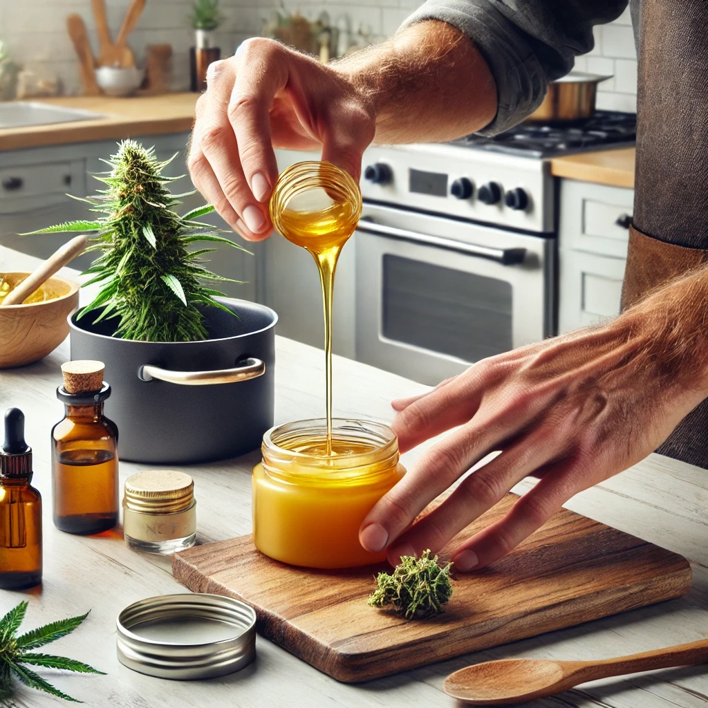 cannabis-infused balm preparation Hands pouring cannabis-infused balm into a glass jar with cannabis plants and essential oils on a wooden surface.