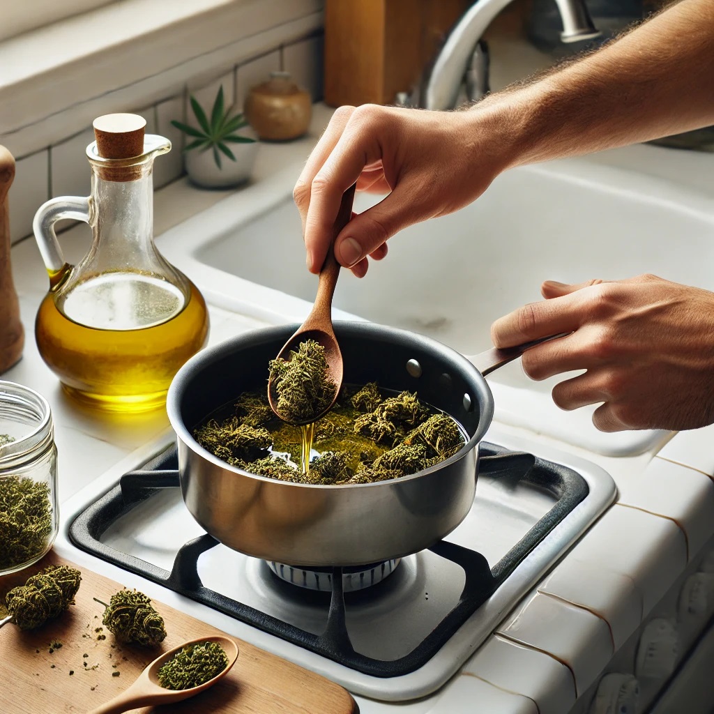 Gentle Simmer of Cannabis in Oil Cooking cannabis buds in oil on a stovetop with glass jars and ingredients nearby