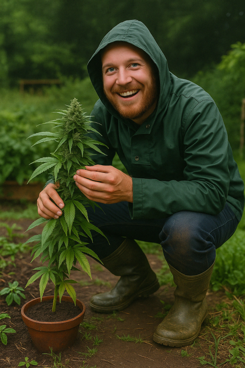 A smiling outdoor cannabis grower in waterproofs tending to a plant in cool, damp weather. The garden is lush and misty, set against a grey sky—typical conditions for northern Europe cultivation.
