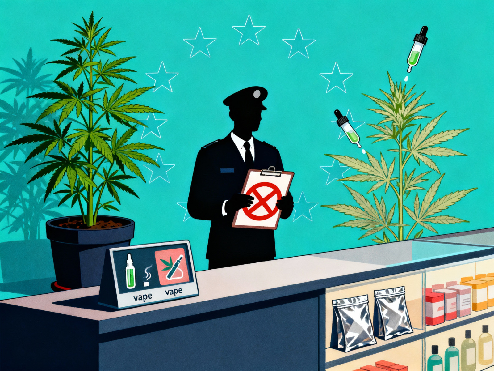 EU crackdown on HHC and semi synthetic cannabinoids. EU stars above a cannabis leaf icon facing vapes and foil pouches marked with a banned symbol.
