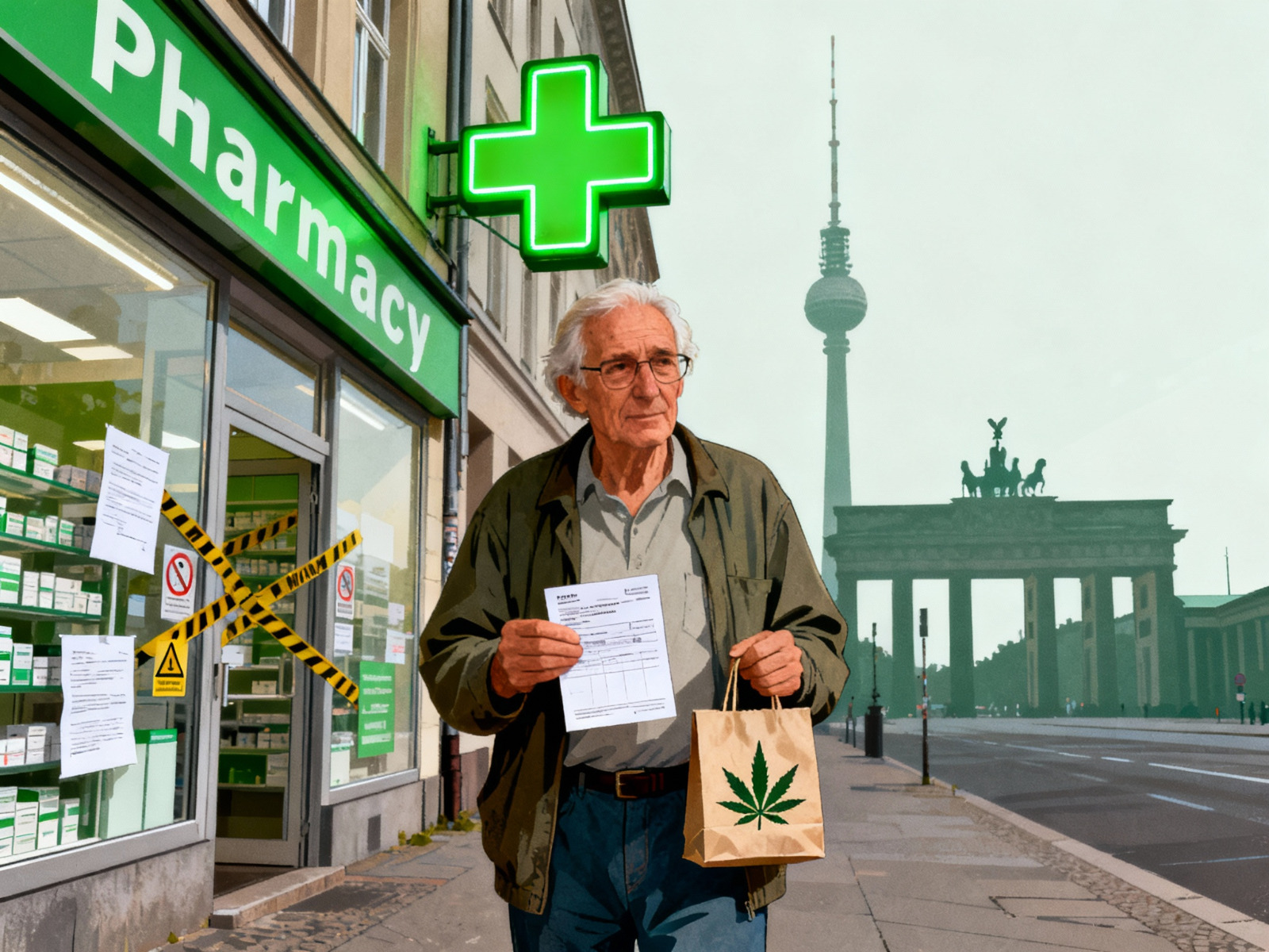 Germany medical cannabis rules and pharmacy only access Patient outside a German pharmacy collecting medical cannabis prescription in front of Berlin skyline
