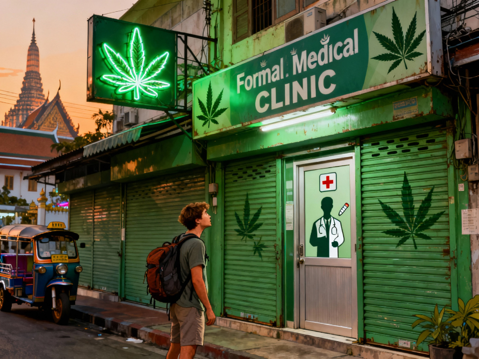 Thailand cannabis crackdown from tourist dispensaries to prescription only. Bangkok street with closed cannabis shops and a medical clinic sign showing prescription only access.