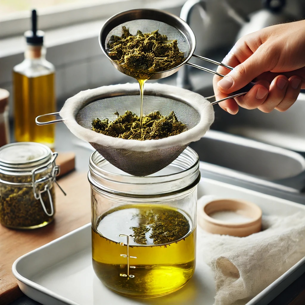 transfering the infused oil in from pan to jar